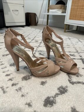 Nude Patent T-Strap High Heel Sandals